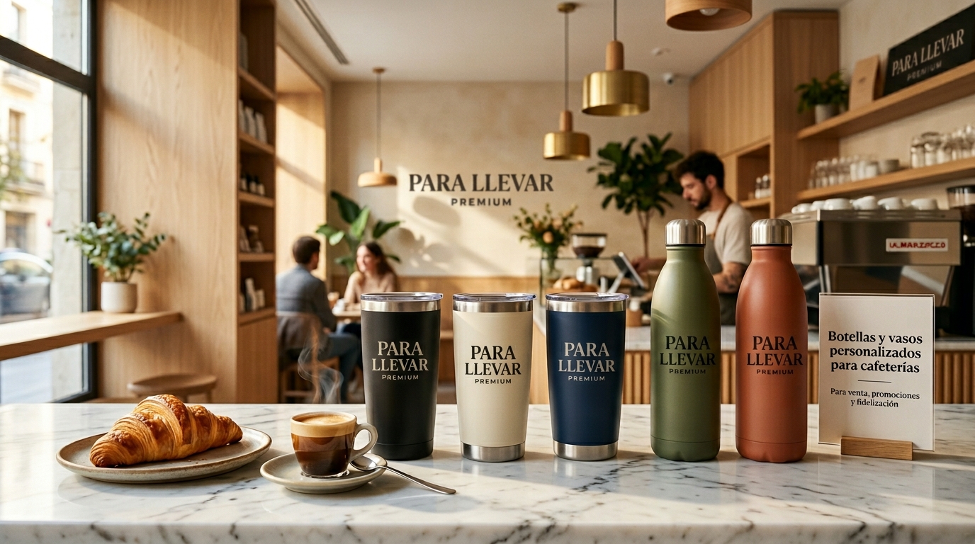 Personaliza vasos reutilizables, termos y botes con tu logo para venta, promociones o fidelización de clientes.